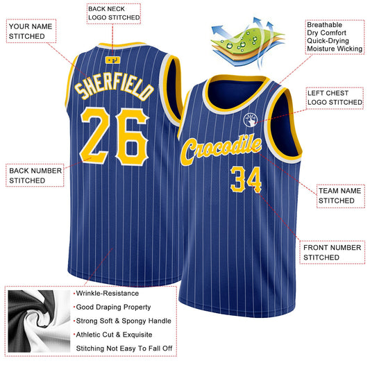 Custom Royal White Pinstripe Gold-White Authentic Basketball Jersey - Sky-Custom