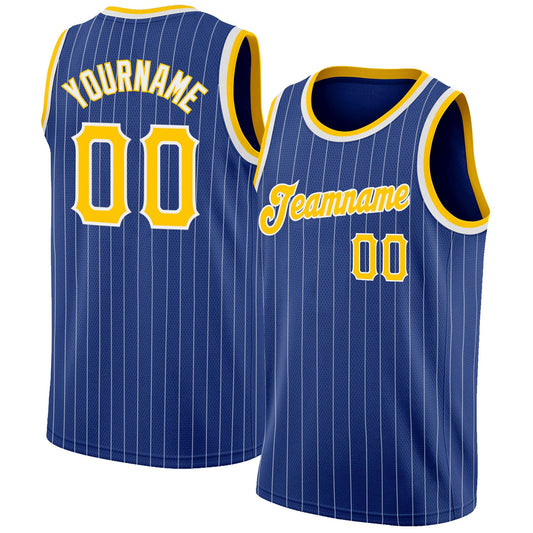 Custom Royal White Pinstripe Gold-White Authentic Basketball Jersey - Sky-Custom