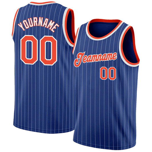 Custom Royal White Pinstripe Orange-White Authentic Basketball Jersey - Sky-Custom