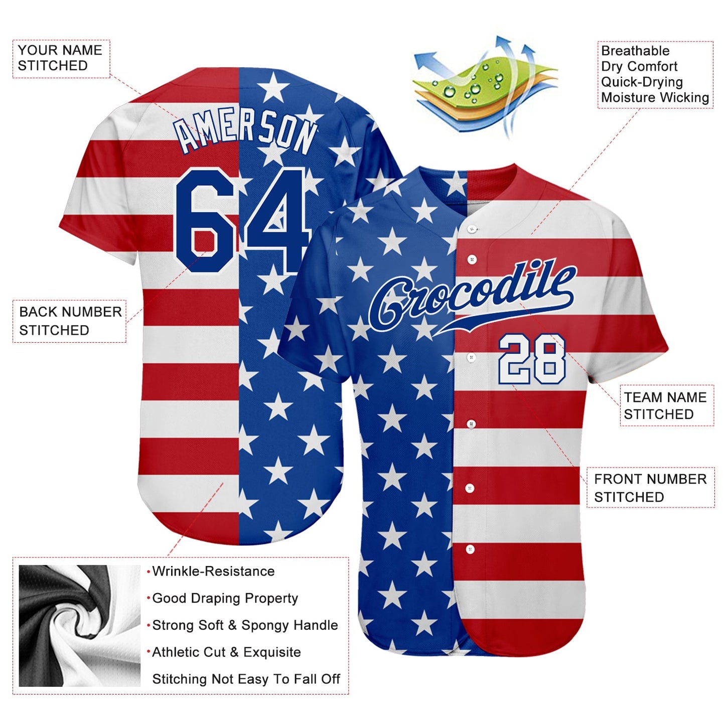 Custom Royal White-Red American Flag Fashion Authentic Baseball Jersey - Sky-Custom