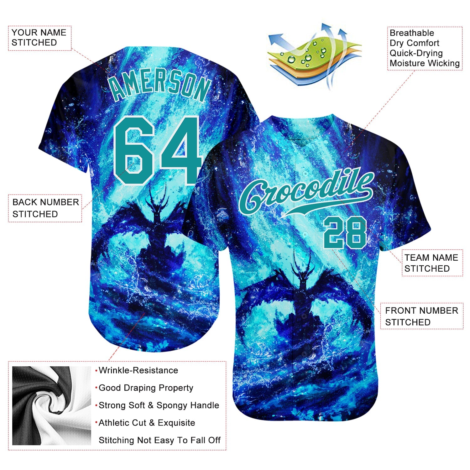 Custom Royal Teal-White 3D Pattern Design Water Dragon Authentic Baseball Jersey - Sky-Custom