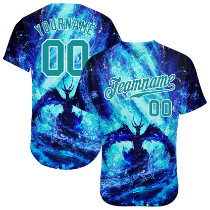 Custom Royal Teal-White 3D Pattern Design Water Dragon Authentic Baseball Jersey - Sky-Custom