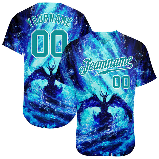 Custom Royal Teal-White 3D Pattern Design Water Dragon Authentic Baseball Jersey - Sky-Custom