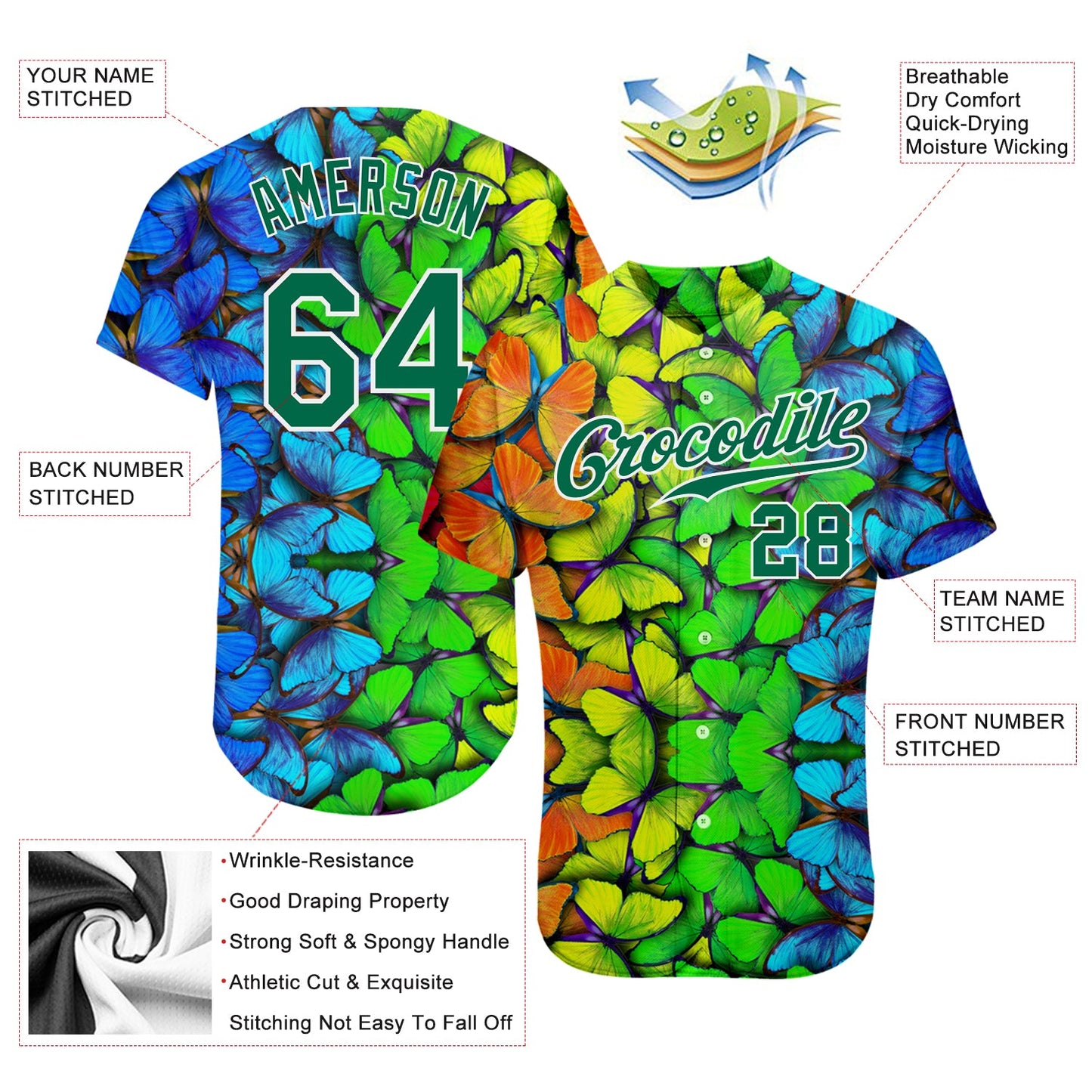 Custom Royal Kelly Green-White 3D Pattern Design Multicolored Butterflies Authentic Baseball Jersey - Sky-Custom