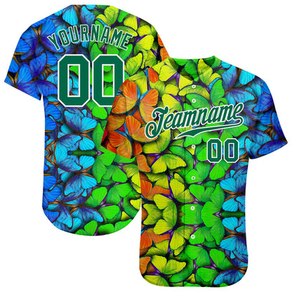 Custom Royal Kelly Green-White 3D Pattern Design Multicolored Butterflies Authentic Baseball Jersey - Sky-Custom