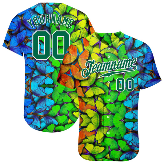 Custom Royal Kelly Green-White 3D Pattern Design Multicolored Butterflies Authentic Baseball Jersey - Sky-Custom