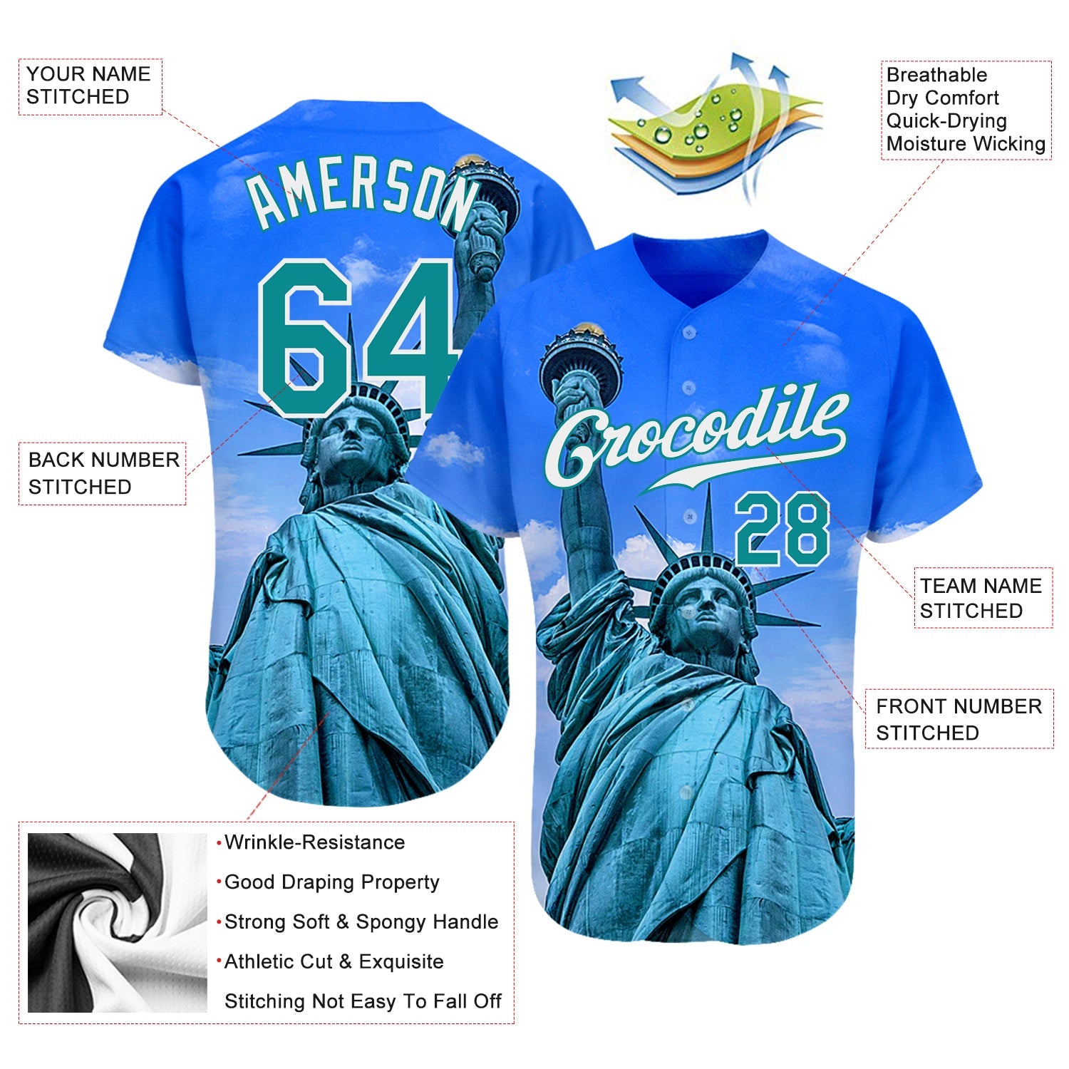 Custom Royal Kelly Green-White 3D Pattern Design Statue Of Liberty Authentic Baseball Jersey - Sky-Custom