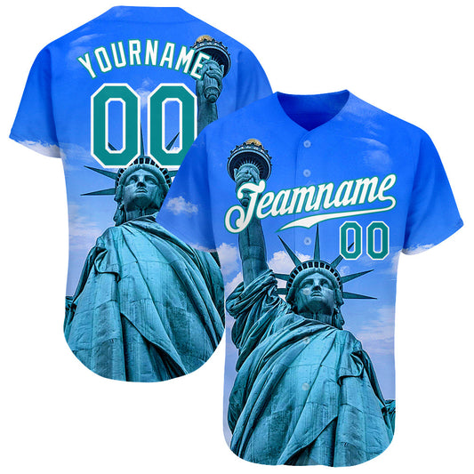 Custom Royal Kelly Green-White 3D Pattern Design Statue Of Liberty Authentic Baseball Jersey - Sky-Custom