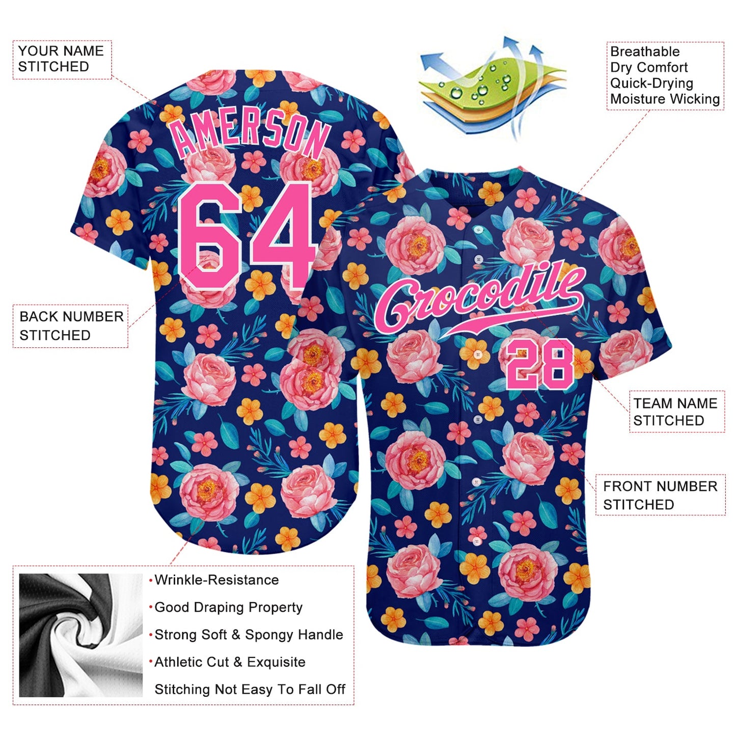 Custom Royal Pink-White 3D Pattern Design Flowers Authentic Baseball Jersey - Sky-Custom