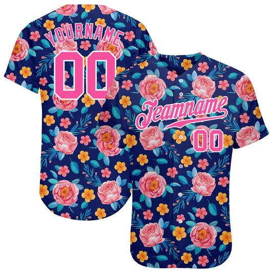Custom Royal Pink-White 3D Pattern Design Flowers Authentic Baseball Jersey - Sky-Custom