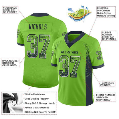 Custom Neon Green Navy-Gray Mesh Drift Fashion Football Jersey - Sky-Custom