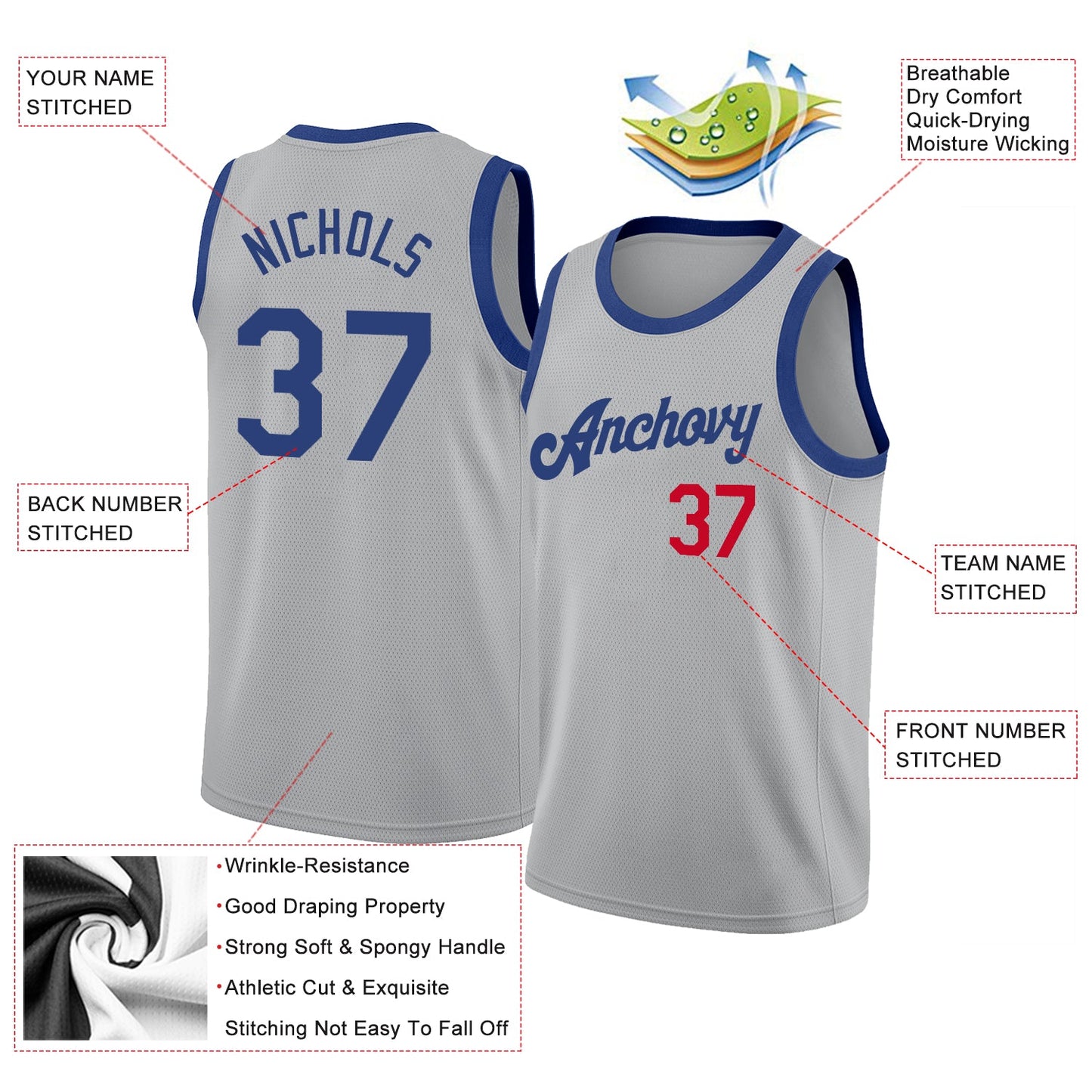 Custom Gray Royal-Red Round Neck Rib-Knit Basketball Jersey - Sky-Custom