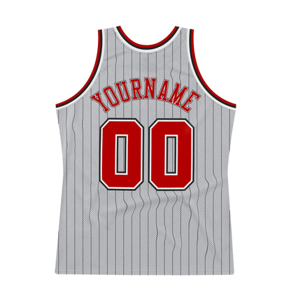 Custom Gray Black Pinstripe Red-White Authentic Basketball Jersey - Sky-Custom