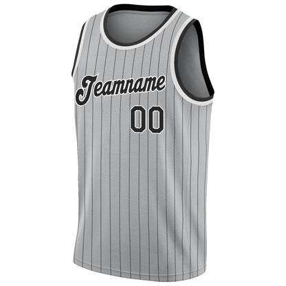 Custom Gray Black Pinstripe Black-White Authentic Basketball Jersey - Sky-Custom