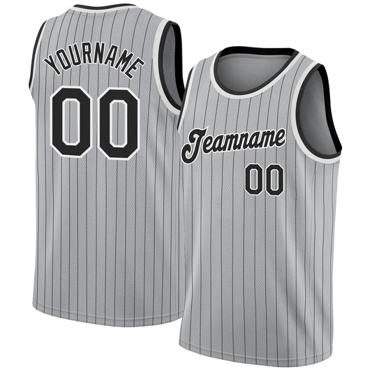 Custom Gray Black Pinstripe Black-White Authentic Basketball Jersey - Sky-Custom