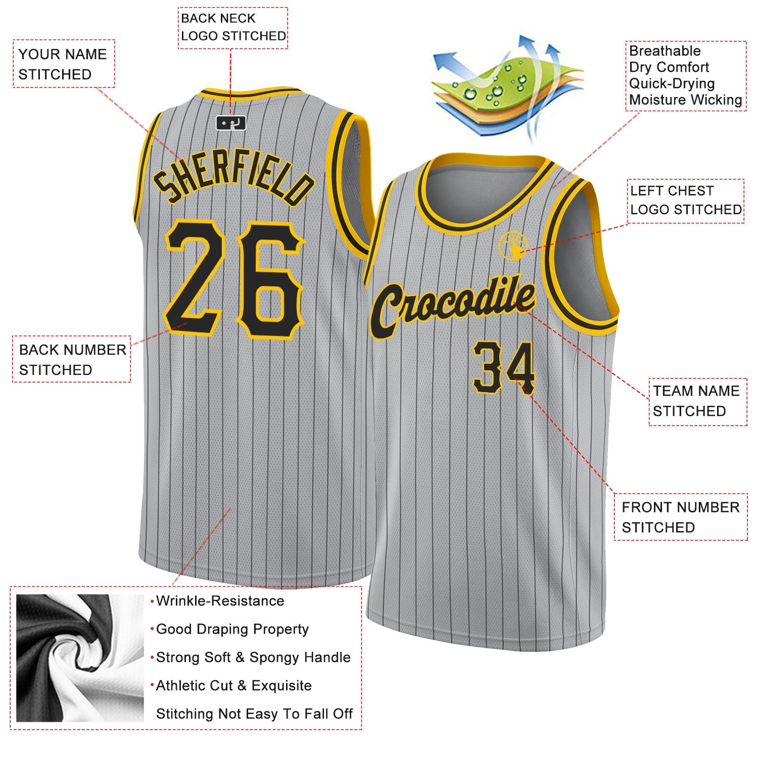 Custom Gray Black Pinstripe Black-Gold Authentic Basketball Jersey - Sky-Custom