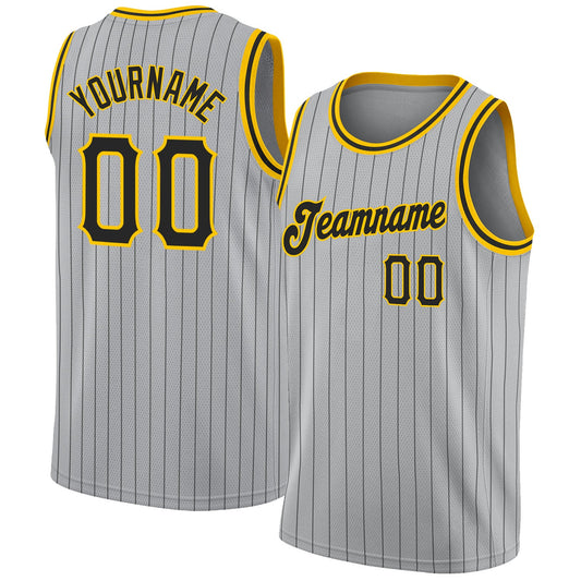 Custom Gray Black Pinstripe Black-Gold Authentic Basketball Jersey - Sky-Custom