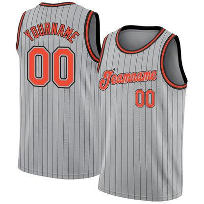 Custom Gray Black Pinstripe Orange-Black Authentic Basketball Jersey - Sky-Custom