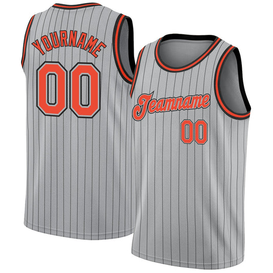Custom Gray Black Pinstripe Orange-Black Authentic Basketball Jersey - Sky-Custom