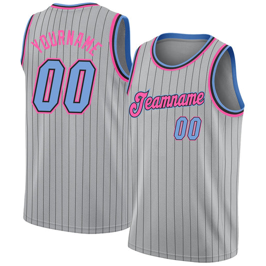 Custom Gray Black Pinstripe Light Blue-Pink Authentic Basketball Jersey - Sky-Custom