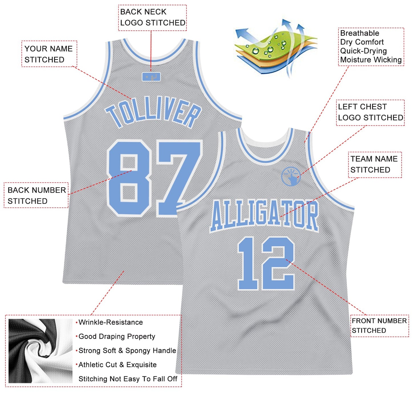 Custom Gray Light Blue-White Authentic Throwback Basketball Jersey - Sky-Custom