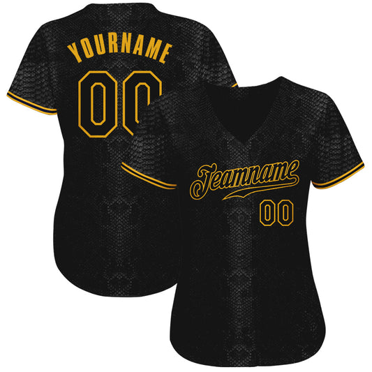 Custom Black Snakeskin Black-Gold 3D Pattern Design Authentic Baseball Jersey - Sky-Custom