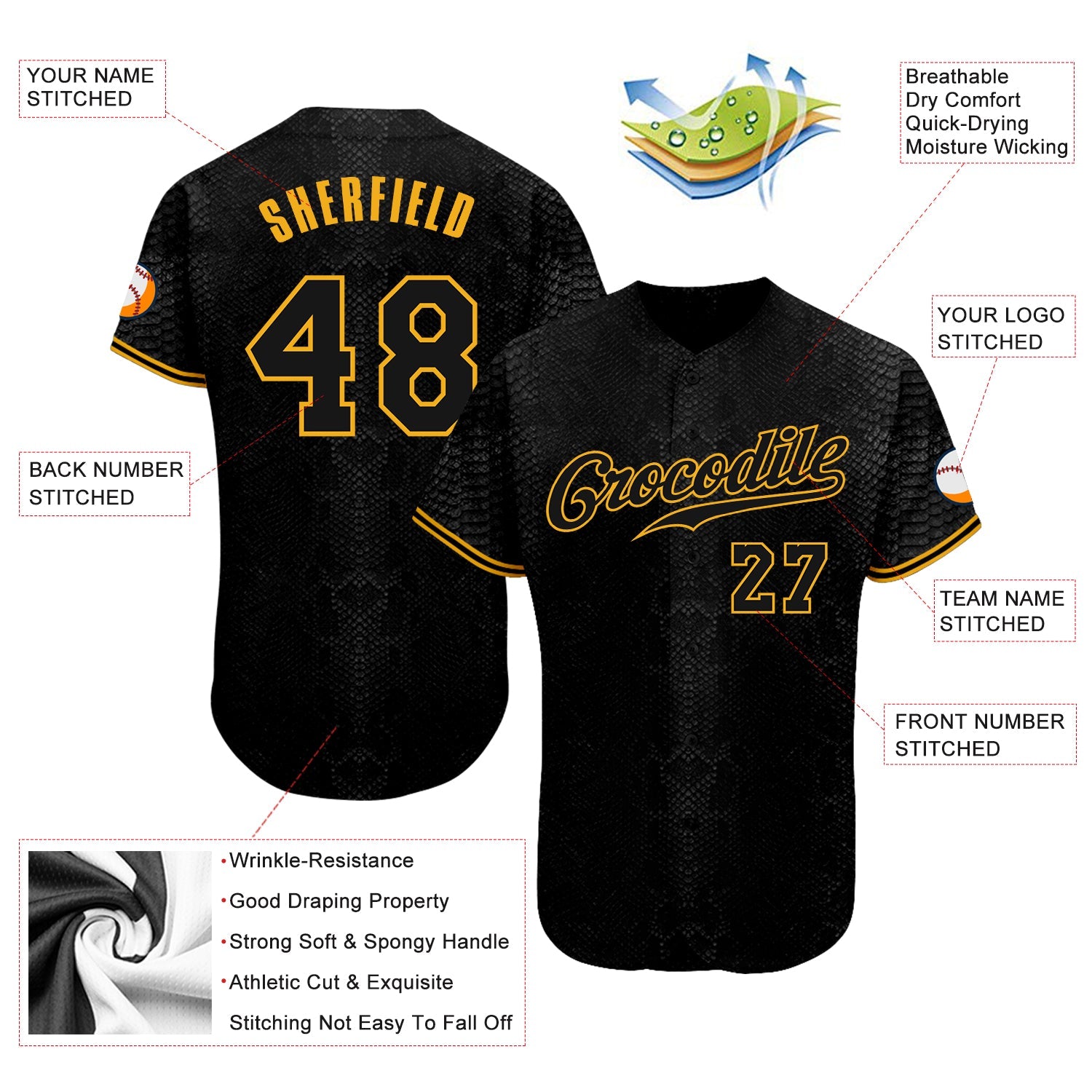 Custom Black Snakeskin Black-Gold 3D Pattern Design Authentic Baseball Jersey - Sky-Custom