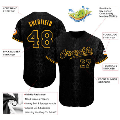 Custom Black Snakeskin Black-Gold 3D Pattern Design Authentic Baseball Jersey - Sky-Custom