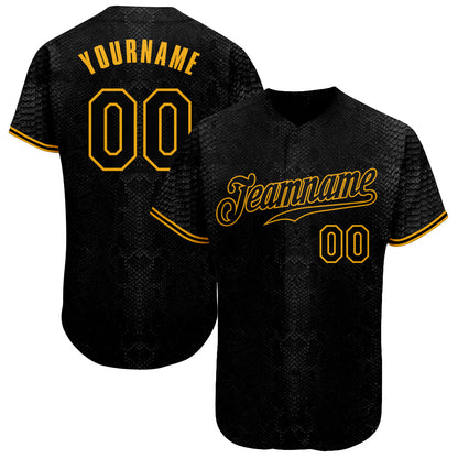 Custom Black Snakeskin Black-Gold 3D Pattern Design Authentic Baseball Jersey - Sky-Custom