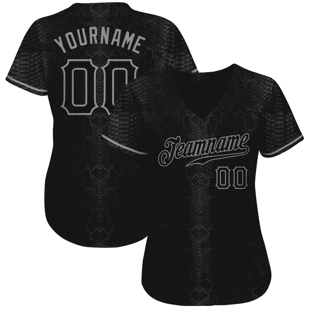 Custom Black Snakeskin Black-Gray 3D Pattern Design Authentic Baseball Jersey - Sky-Custom