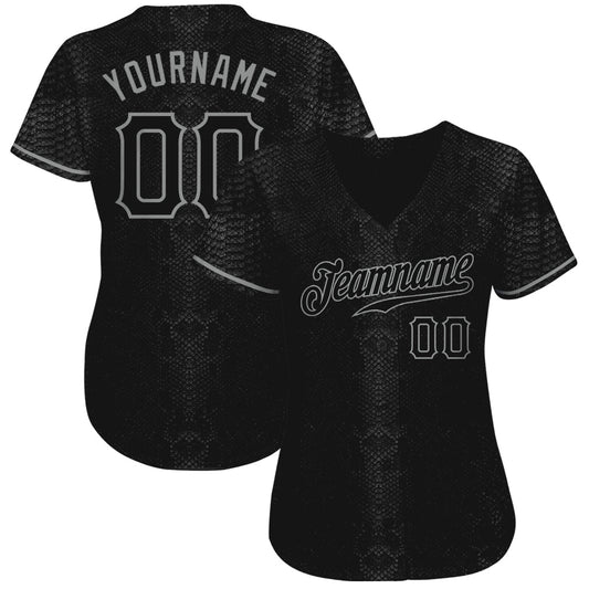 Custom Black Snakeskin Black-Gray 3D Pattern Design Authentic Baseball Jersey - Sky-Custom