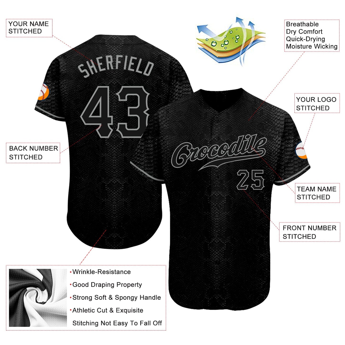 Custom Black Snakeskin Black-Gray 3D Pattern Design Authentic Baseball Jersey - Sky-Custom