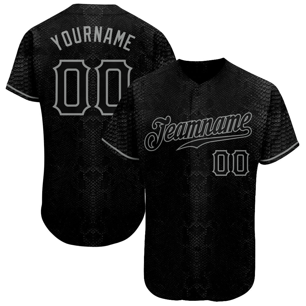 Custom Black Snakeskin Black-Gray 3D Pattern Design Authentic Baseball Jersey - Sky-Custom