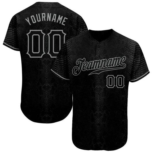Custom Black Snakeskin Black-Gray 3D Pattern Design Authentic Baseball Jersey - Sky-Custom