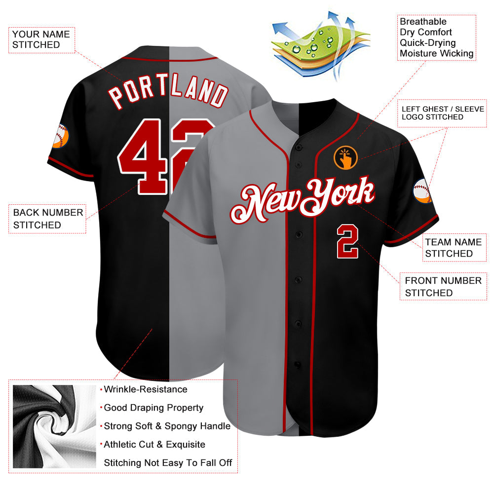 Custom Black Red-Gray Authentic Split Fashion Baseball Jersey - Sky-Custom