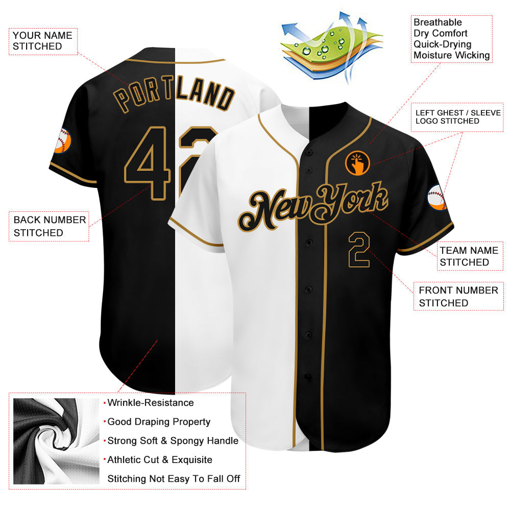 Custom White-Black Old Gold Authentic Split Fashion Baseball Jersey - Sky-Custom