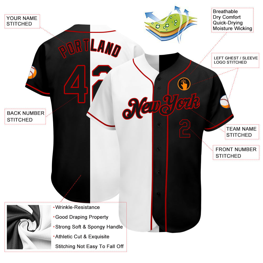 Custom White-Black Red Authentic Split Fashion Baseball Jersey - Sky-Custom