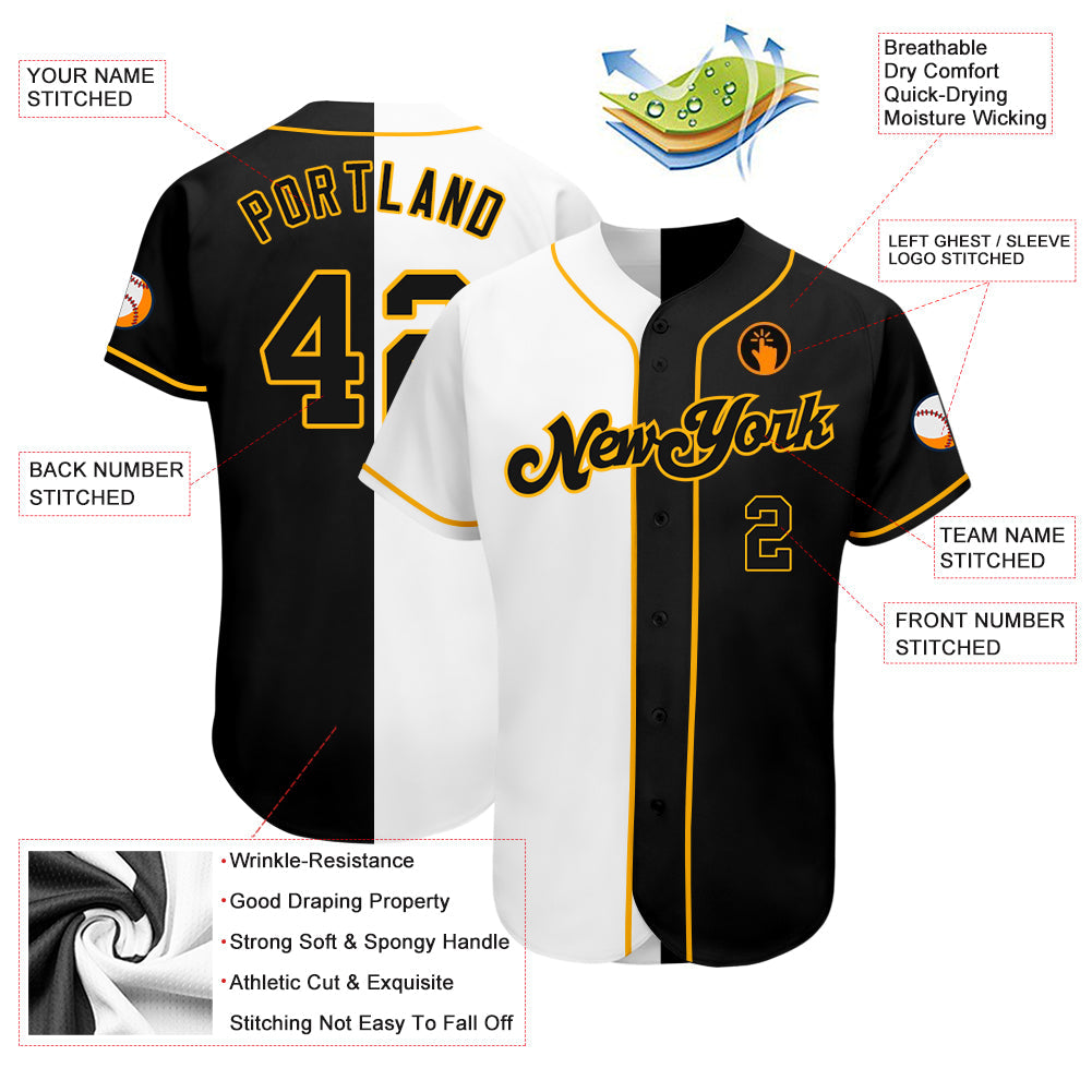 Custom White-Black Gold Authentic Split Fashion Baseball Jersey - Sky-Custom