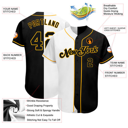 Custom White-Black Gold Authentic Split Fashion Baseball Jersey - Sky-Custom