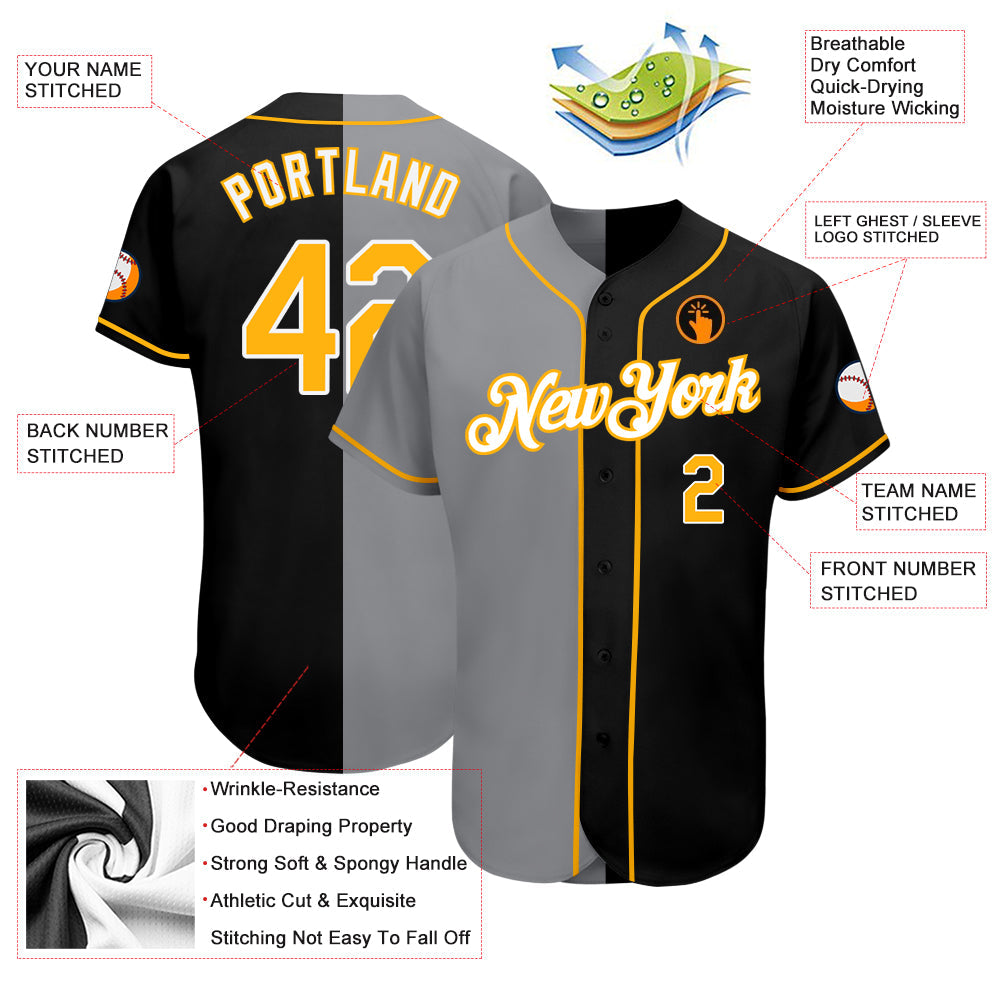 Custom Black Gold-Gray Authentic Split Fashion Baseball Jersey - Sky-Custom