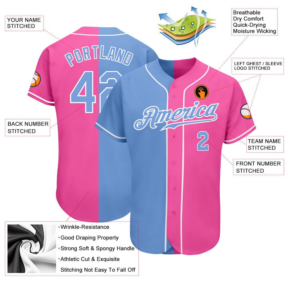 Custom Pink Light Blue-White Authentic Split Fashion Baseball Jersey - Sky-Custom