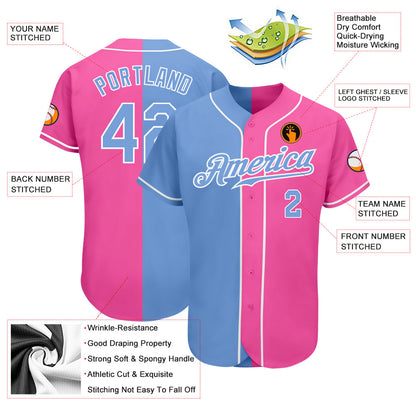 Custom Pink Light Blue-White Authentic Split Fashion Baseball Jersey - Sky-Custom