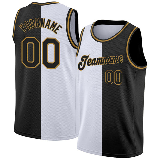 Custom White Black-Old Gold Authentic Split Fashion Basketball Jersey - Sky-Custom