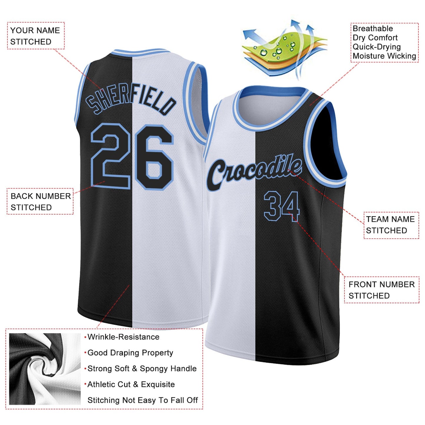 Custom White Black-Light Blue Authentic Split Fashion Basketball Jersey - Sky-Custom