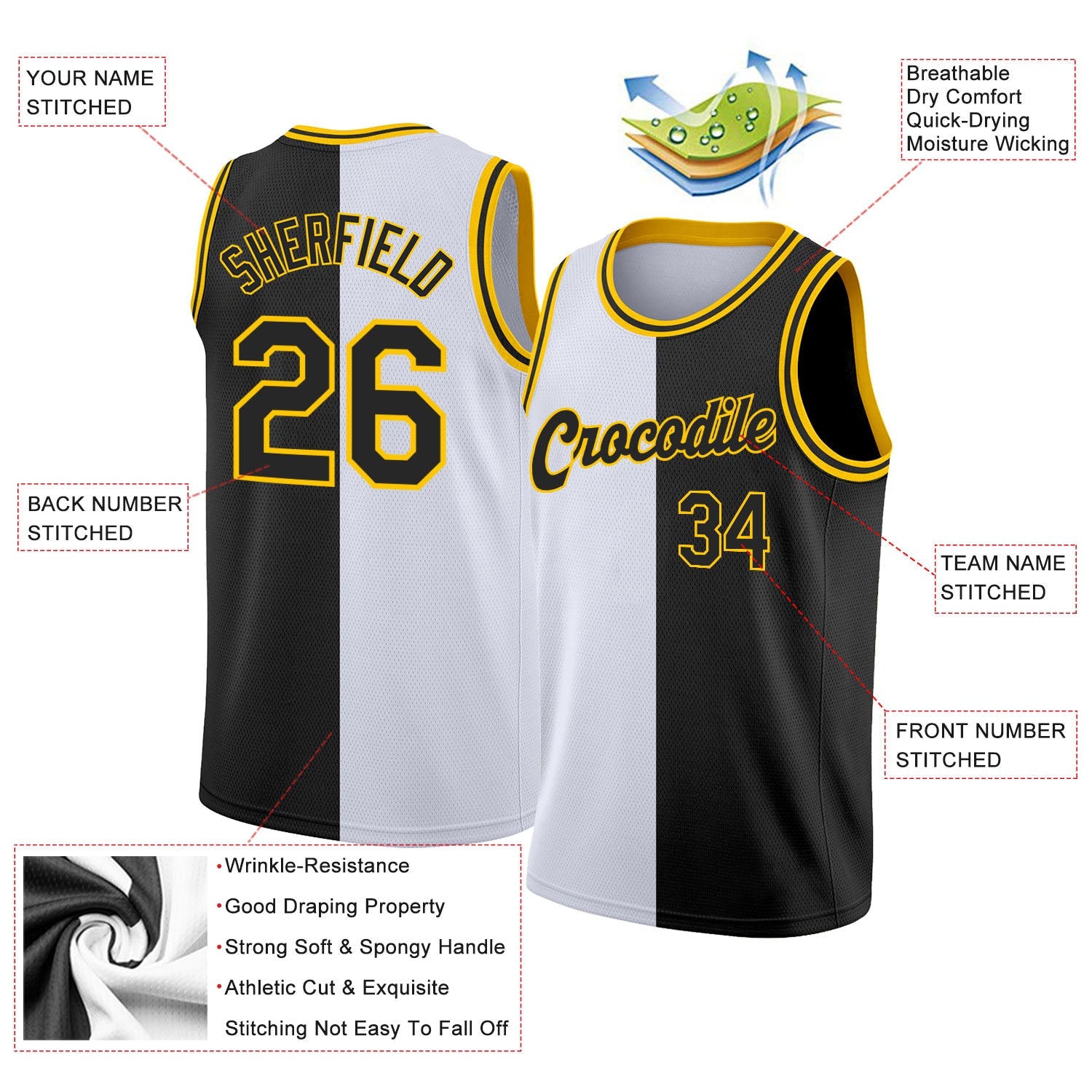 Custom White Black-Gold Authentic Split Fashion Basketball Jersey - Sky-Custom