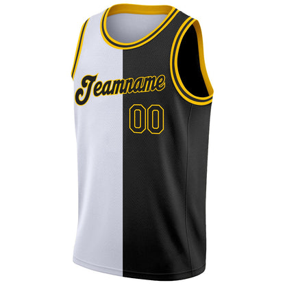 Custom White Black-Gold Authentic Split Fashion Basketball Jersey - Sky-Custom