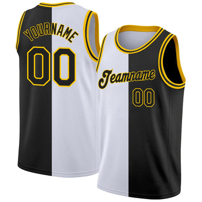 Custom White Black-Gold Authentic Split Fashion Basketball Jersey - Sky-Custom