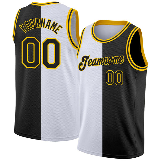 Custom White Black-Gold Authentic Split Fashion Basketball Jersey - Sky-Custom