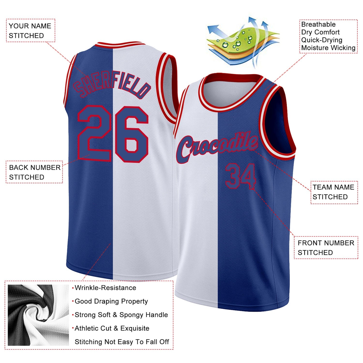 Custom White Royal-Red Authentic Split Fashion Basketball Jersey - Sky-Custom