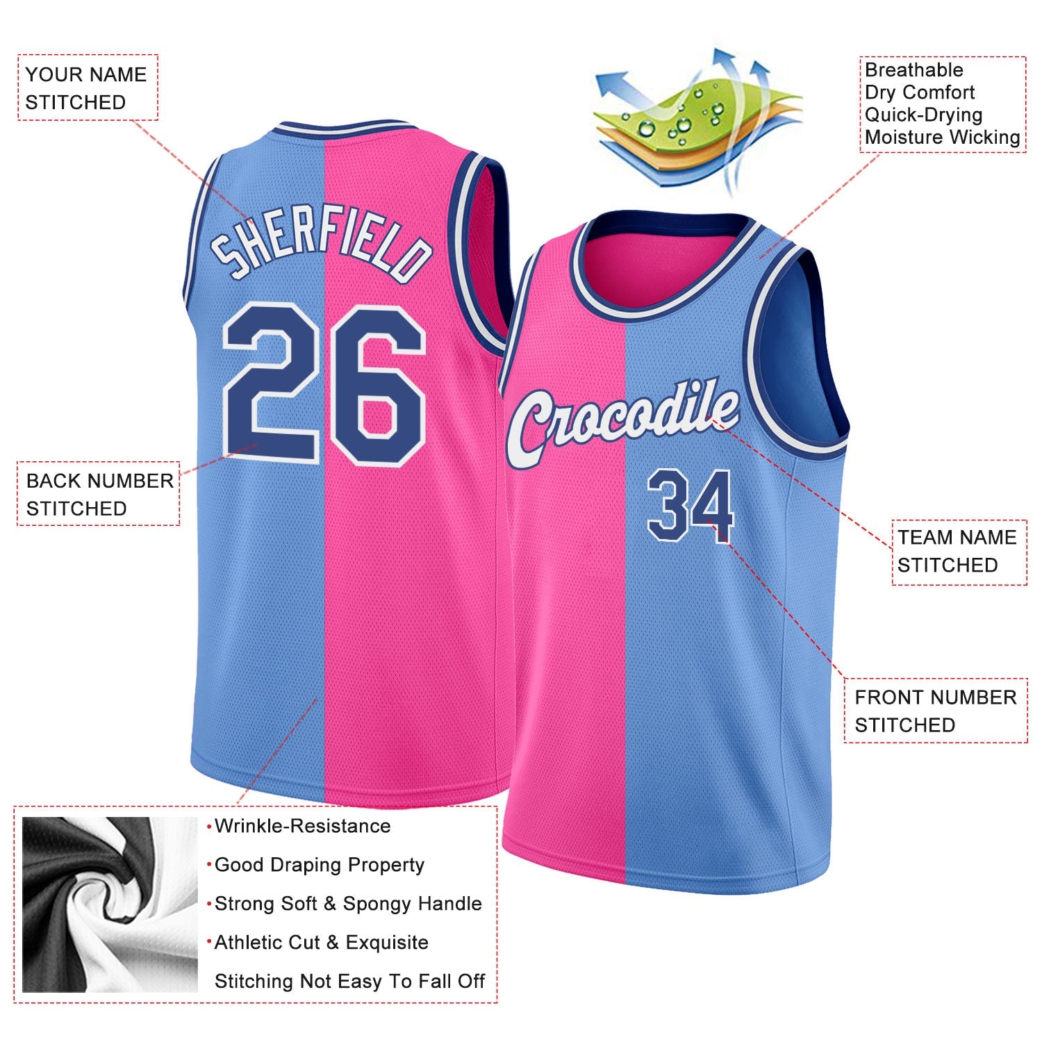 Custom Light Blue Royal-Pink Authentic Split Fashion Basketball Jersey - Sky-Custom